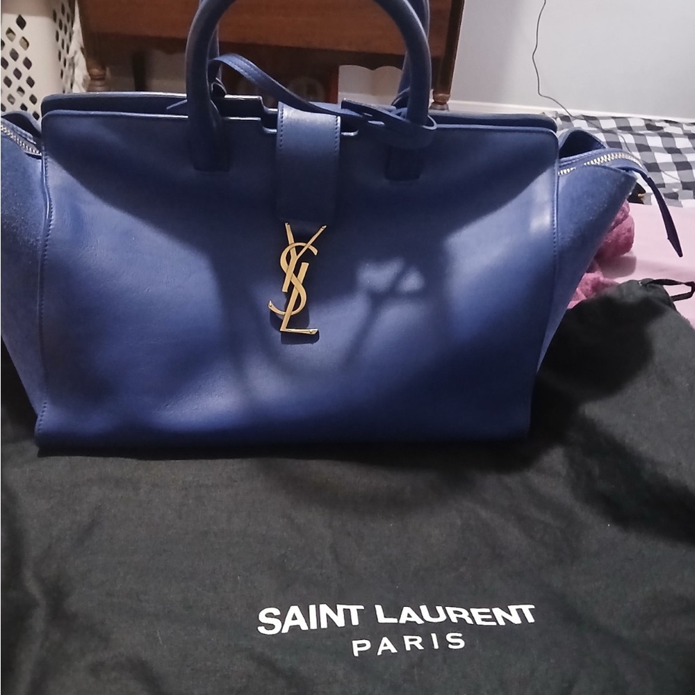 Saint Laurent Royal Blue Satchel with Gold Accents